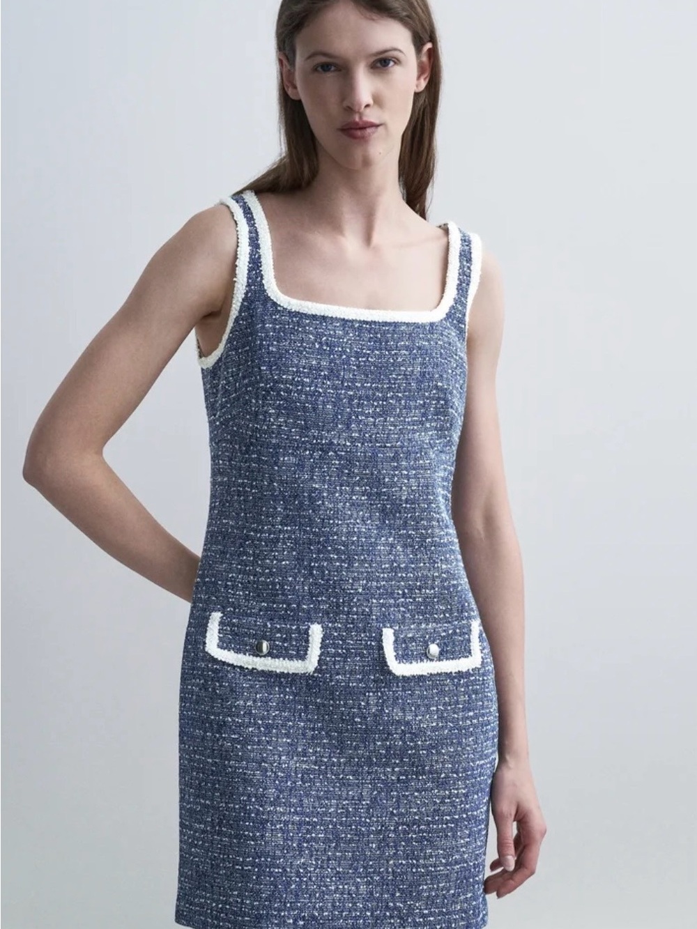 Maje RitalbaSleeveless Square-Neck Tweed Mini Dress in Navy